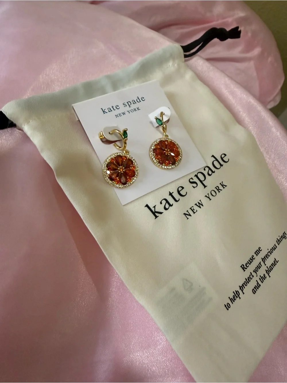 KATE SPADE Citrus Orange Gold Drop huggie Earrings with Orange and Green Stones